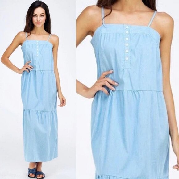 Solution Tiered Square Neck Blue Maxi Dress Beach Size Large Button Placket Boho - Picture 8 of 8